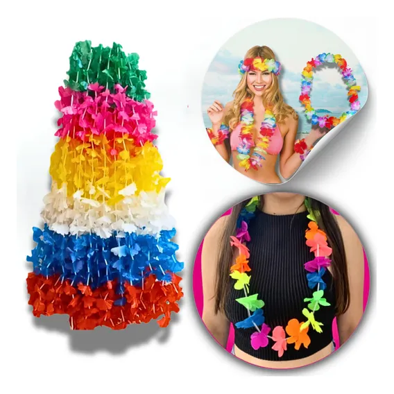 Kit 100 Colar Havaiano Flor Festa Carnaval Fantasia Atacado Cor Colorido Foto 1