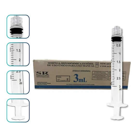 Kit 100 Seringas 3ml Descartáveis Luer Lock Bico Rosca Capacidade em volume 3 Foto 1
