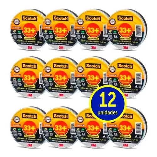 Kit 12 Fitas Isolantes +33 Profissional 19mmx20mt Scotch 3m Cor Preto Foto 1