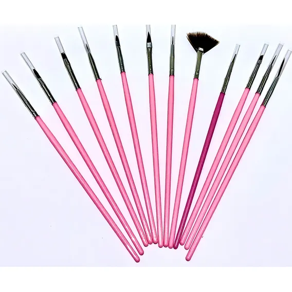Kit 12 Pincéis Unha Decorada Gel Acrigel Manicure Porcelana Cor Rosa Foto 1