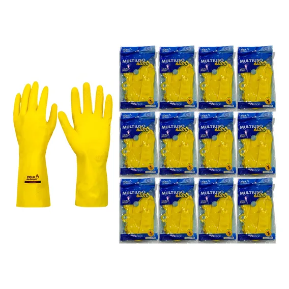 Kit 12 Prs Luva Látex Amarela Forrada Multiuso Limpeza Louça Foto 1