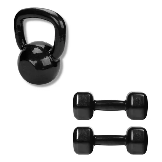 Kit 1kettlebell Emborrachado 6kg+par Halter Emborrachado 5kg Cor Preto Foto 1