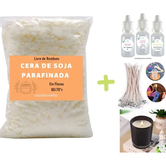 Kit 1kg Cera Parafinada Soja Ecomix + 3 EssĂȘncias + 10 Pavio Foto 1