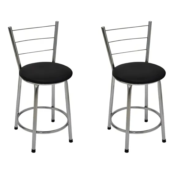 Kit 2 Banquetas Baixa Cromada Assento Preto Balcão Cozinha Foto 1