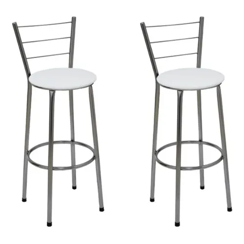 Kit 2 Banquetas Média Cromada Com Encosto Assento Branco Foto 1