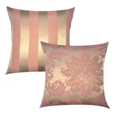 Kit 2 Capas De Almofada Em Jacquard Rosa Com Dourado 43x43cm Medalhão E Listrado Foto mini 1