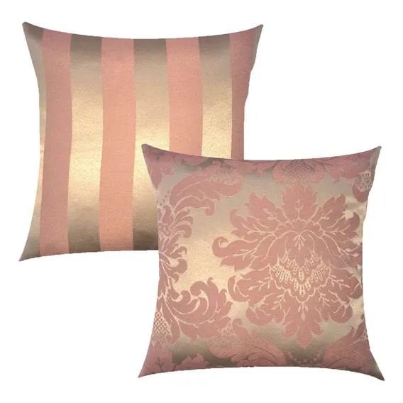 Kit 2 Capas De Almofada Em Jacquard Rosa Com Dourado 43x43cm Medalhão E Listrado Foto 1