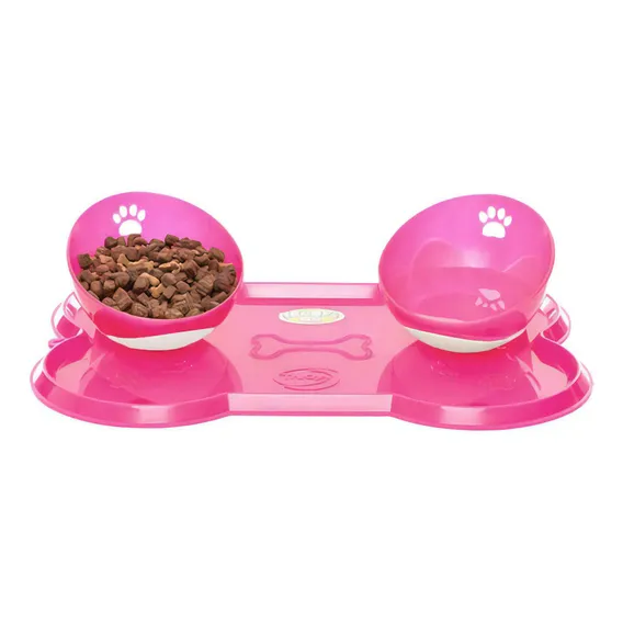 Kit 2 Comedouros Inclinados + Bandeja Formato Osso Pet Rosa Foto 1