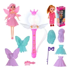 Kit 2 em 1 Boneca Fada Bailarina Articulada Que Troca De Roupa Com Acessórios + Varinha Mágica Infantil Rosa Presente Menina 5 Anos Dia Das Crianças Foto mini 1