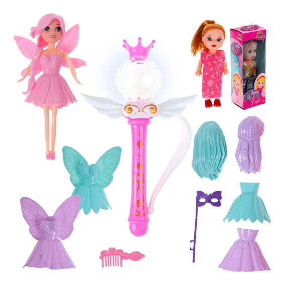 Kit 2 em 1 Boneca Fada Bailarina Articulada Que Troca De Roupa Com Acessórios + Varinha Mágica Infantil Rosa Presente Menina 5 Anos Dia Das Crianças Foto 1