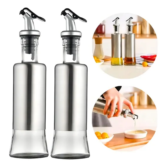 Kit 2 Galheteiro Porta Azeite Vinagre Vidro Inox Com Bico Dosador Foto 1