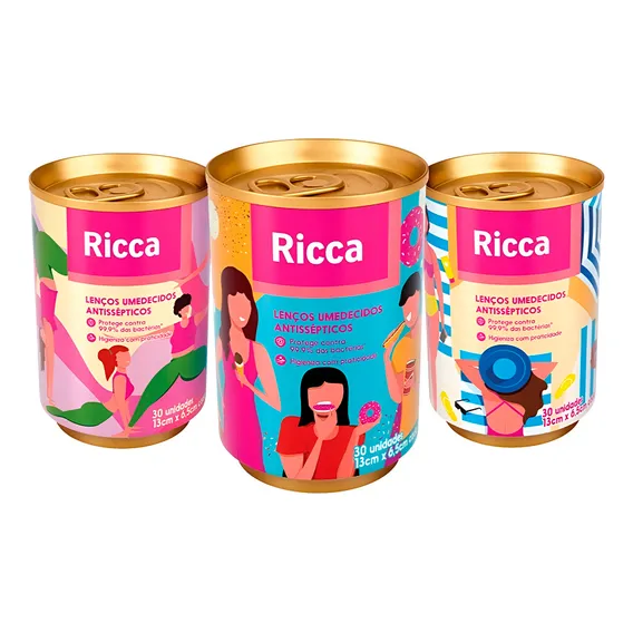 Kit 2 Latinhas Lenços Umedecidos Antisséptico 60un Ricca Foto 1