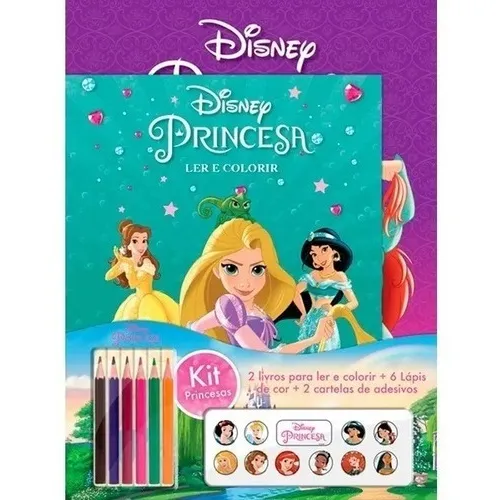 Kit 2 Livros De Colorir Princesas + 6 Lápis + Adesivos Promo Foto 1