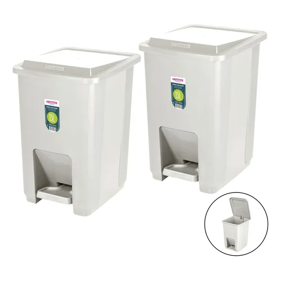 Kit 2 Lixeira Com Pedal 15l Cesto Lixo Banheiro Cozinha Bege Foto 1
