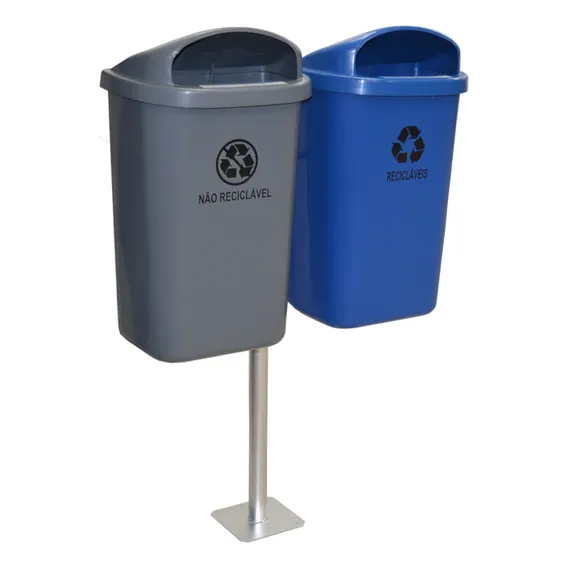 Kit 2 Lixeiras Boca Sapo 50 Litros Com Poste Cor Cinza/Azul Foto 1