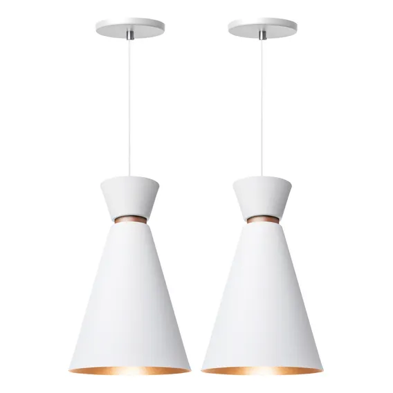 Kit 2 Lustre Pendente Cone Pequim Branco Com Cobre 30cm Iluminar Ambiente Foto 1