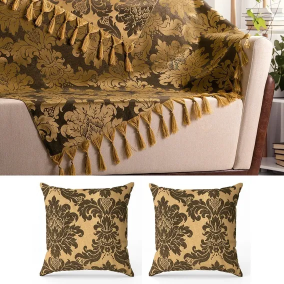 Kit 2 Mantas Sofá 1,80m X 1,40m + 4 Capas Jacquard Medalhão Cor 71 - Dourado Foto 1