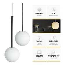 Kit 2 Pendente Lux Preto Globo Vidro Branco + Led Foto mini 4