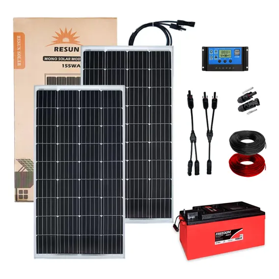 Kit 2 Placa Solar 150w Controlador 30a Lcd Bateria 240ah Resun Solar 62 Foto 1