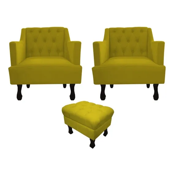 Kit 2 Poltronas Julia + Puff Luis Xv Suede Amarelo Foto 1