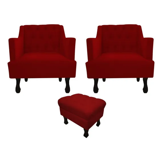 Kit 2 Poltronas Julia + Puff Luis Xv Suede Vermelho Foto 1