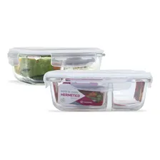Kit 2 Potes Retangular 640ml Vidro Hermético com Divisória Marmita Fit Cor Branco Foto  mini 1