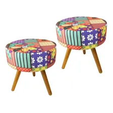 Kit 2 Puff Decoração Sala Lavínia Paris Vermelho Redondo Cor Patichwork Foto mini 1