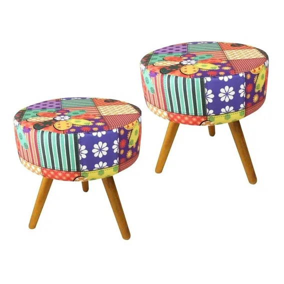 Kit 2 Puff Decoração Sala Lavínia Paris Vermelho Redondo Cor Patichwork Foto 1