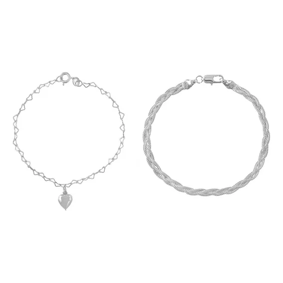 Kit 2 Pulseiras Braceletes Feminina Folheadas Prata 925 Foto 1
