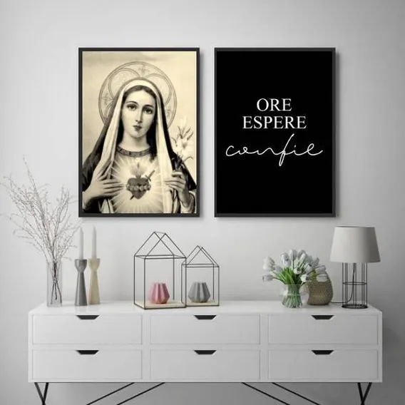 Kit 2 Quadros Sagrado Coração De Maria 33x24cm - Preta Foto 1
