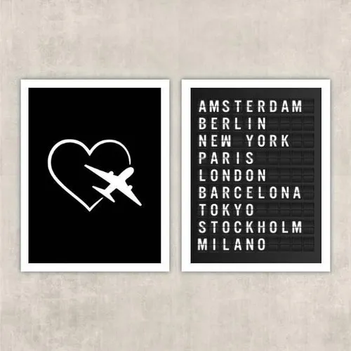 Kit 2 Quadros Travel Placa De Aeroporto 45x34cm Foto 1