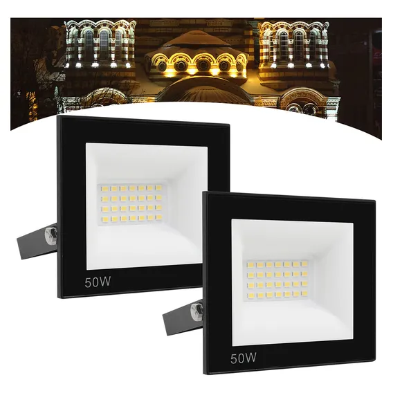 Kit 2 Refletor Holofote Led 50w Prova Dágua Quente Carcaça Preto Luz Branco-quente Foto 1