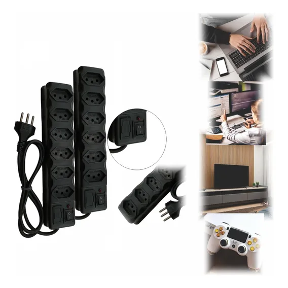 Kit 2 Réguas Extensão Elétrica 6 Tomadas Filtro Linha 127/220V Foto 1