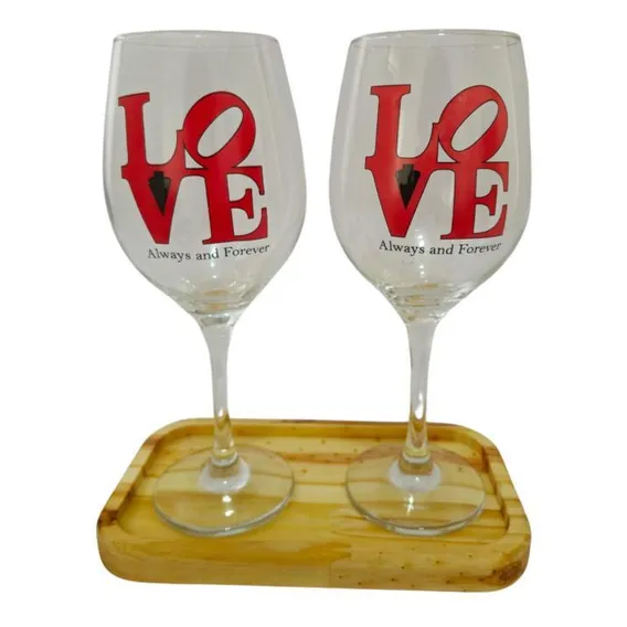 Kit 2 Taças Bandeja Frase Love Personalizada Vinho Foto 1