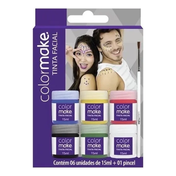 Kit 2 Tinta Facial Color Make Liquida Com 06 Cores + Pincel Foto 1
