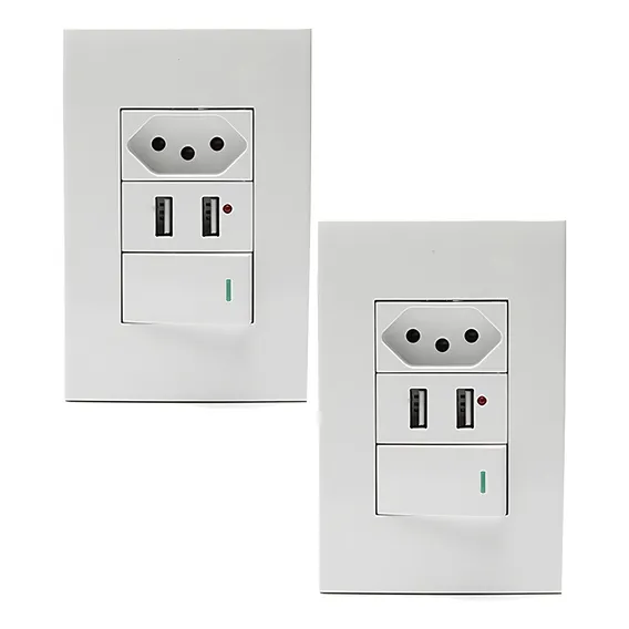 Kit 2 Tomadas Com Interruptor Com 2 Entradas Usb 5v 2.1a 023 Foto 1