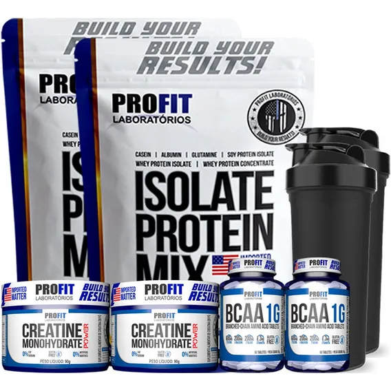 Kit 2 Whey Isolado Profit 900g + 2 Bcaa 2 Creatina 2 Shaker Sabor Morango Foto 1