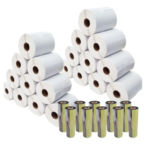 Kit 20 Rolos Etiqueta Couche 75x40 ( 7,5x4 ) + 10 Ribbons Cor Branco Foto 1