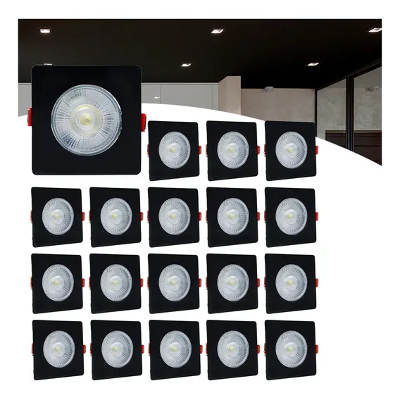 Kit 20 Spot Led Capa RY Spot Embutir Preto 5w Direcionável Quadrado Frio Foto 1
