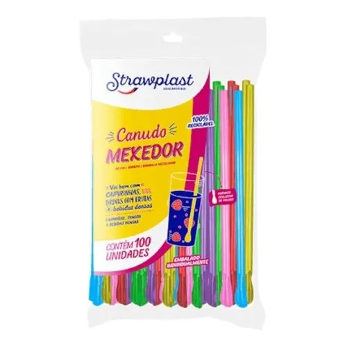 Kit 200 Canudo Colher Mexedor Colorido Strawplast Foto 1