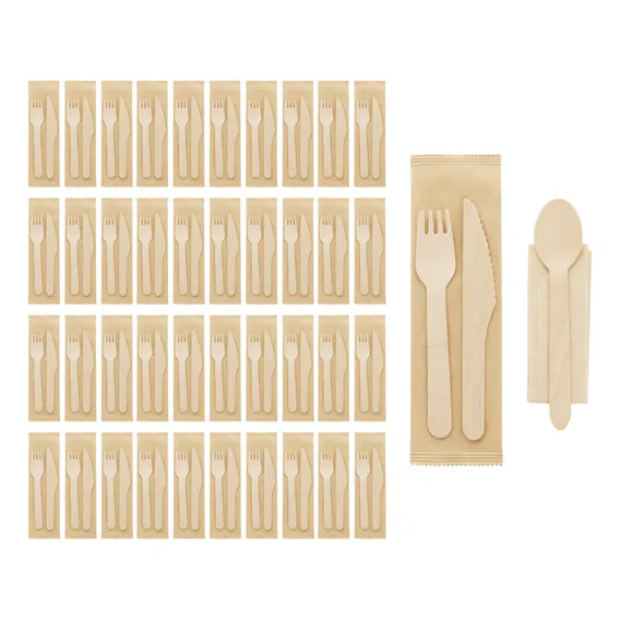 Kit 200 Talheres Descartáveis Madeira Com Garfo Faca Colher Foto 1
