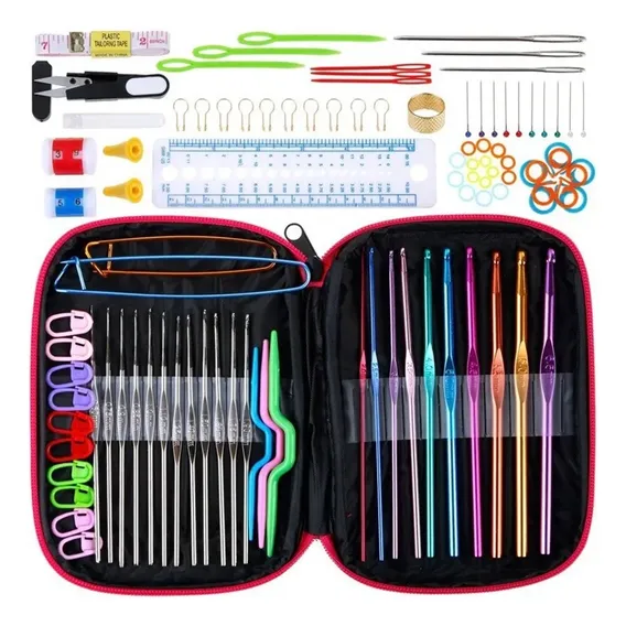 Kit 22 Agulhas De Crochê + 78 Acessórios + Estojo Ziper Cor Preto Foto 1