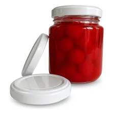Kit 24 Potes De Vidro 240ml Tampas Metalicas Brancas Lacres Para Geleias Doces Conservas Foto mini 1