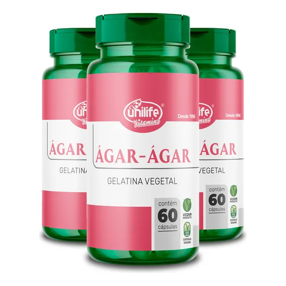 Kit 3 Ágar-ágar Gelatina Vegetal 60 Cápsulas De 600mg Sabor Natural Foto 1