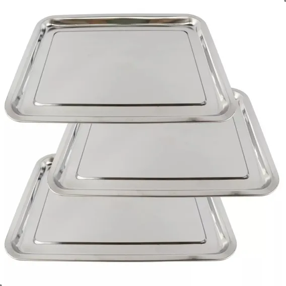 Kit 3 Bandejas Aço Inox Retangular Rasa Multi Uso 40 X 30 Cm Foto 1