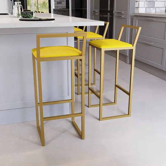 Kit 3 Banqueta Alta Balcão Dourada Com Estofado Industrial Cor Amarelo Foto 1