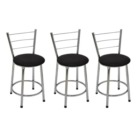 Kit 3 Banquetas Baixas Cromada Com Encosto Assento Preto Foto 1