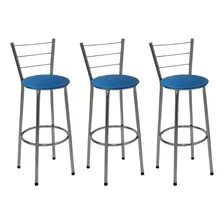 Kit 3 Banquetas Média Cromada Com Encosto Assento Azul Foto mini 1