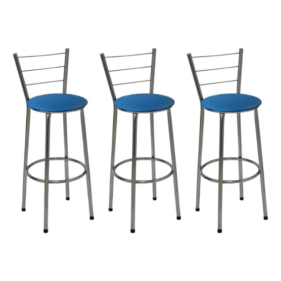 Kit 3 Banquetas Média Cromada Com Encosto Assento Azul Foto 1
