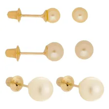 Kit 3 Brincos Pérolas Natural 3mm 4mm 5mm Em Ouro 18k 750 Cor Dourado Foto mini 1